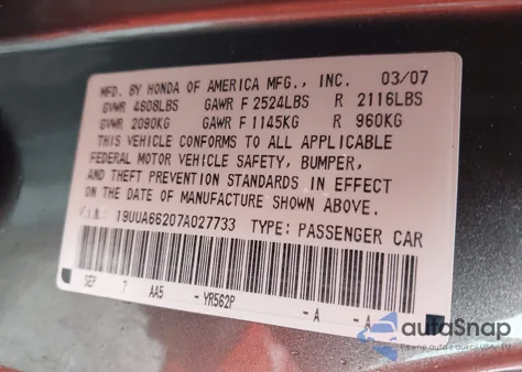 2007 Acura Tl 3.2 from USA, damaged, VIN 19UUA66207A027733